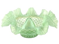 Deep Green Opalescent Glass Ruffled Bowl