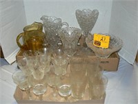 FLAT OF ETCHED STEMWARE, AMBER GLASS PITCHER, 4