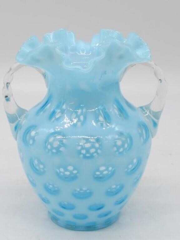 STUNNING LARGE BLUE COIN DOT FENTON VASE 9 INCHES