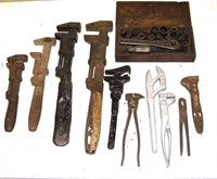 Assorted old tools - mostly antique Monkey Wrench