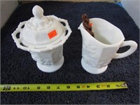 MILK GLASS PITCHER & COVERED DISH