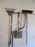 Rakes, shovel, broom and Craftsman saw