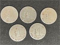 Lot of (5) Vintage Store Trade $1 Dollar Tokens