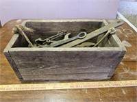Vintage Wooden Tool Caddy Full of Old Metal