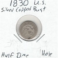 1830 U.S. Silver Capped Bust Half Dime - Hole