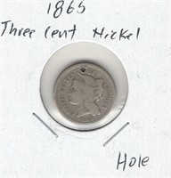 1865 Three Cent Nickel - Hole