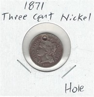 1871 Three Cent Nickel - Hole