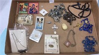 Rosaries, tiny rosary in egg, religious pins