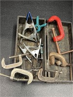 Misc clamps, C clamps, spring clamps in wood box.