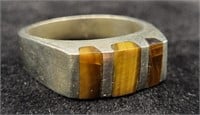 Sterling .925 & Brown Inlay Ring Sz 9.5