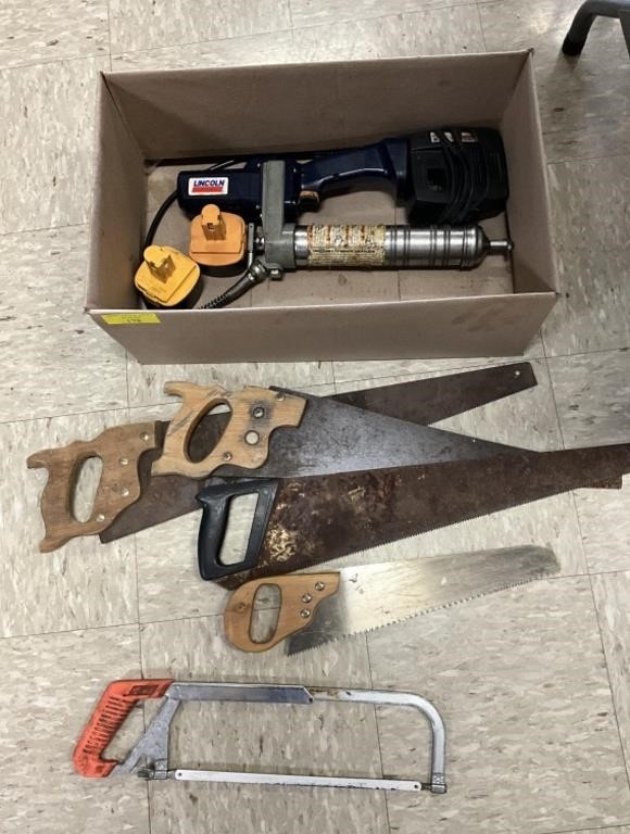 4 Hand Saws, Hack Saw, Lincoln 12V Powered Grease