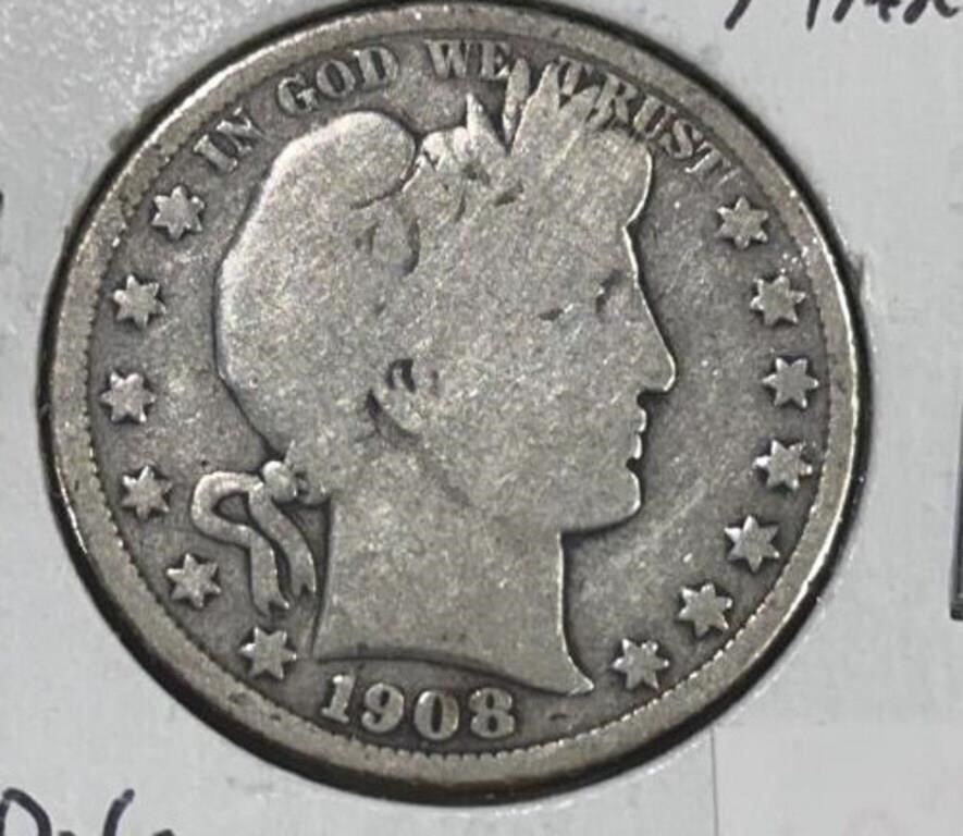 1908-D BARBER HALF DOLLAR (90% SILVER) (GOOD-6)