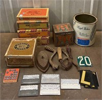 Cigar boxes, Capt Fisher Oyster tin, wood stove