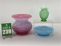 Raspberry, Green & Blue Hob Nail Vases & Bowl