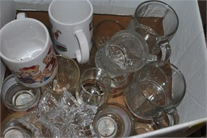 box of cups, glasses and candleholders