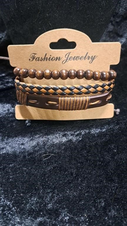 3 piece wood bead and leather bracelet set