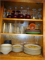 CABINET CONTENTS OF GLASSWARE AND STONEWARE DISHES