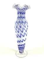 Art Glass Vase w Blue Swirl & Pedestal Foot 18"H