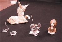 Five figurines: Swarovski mouse, 2 1/2"; two