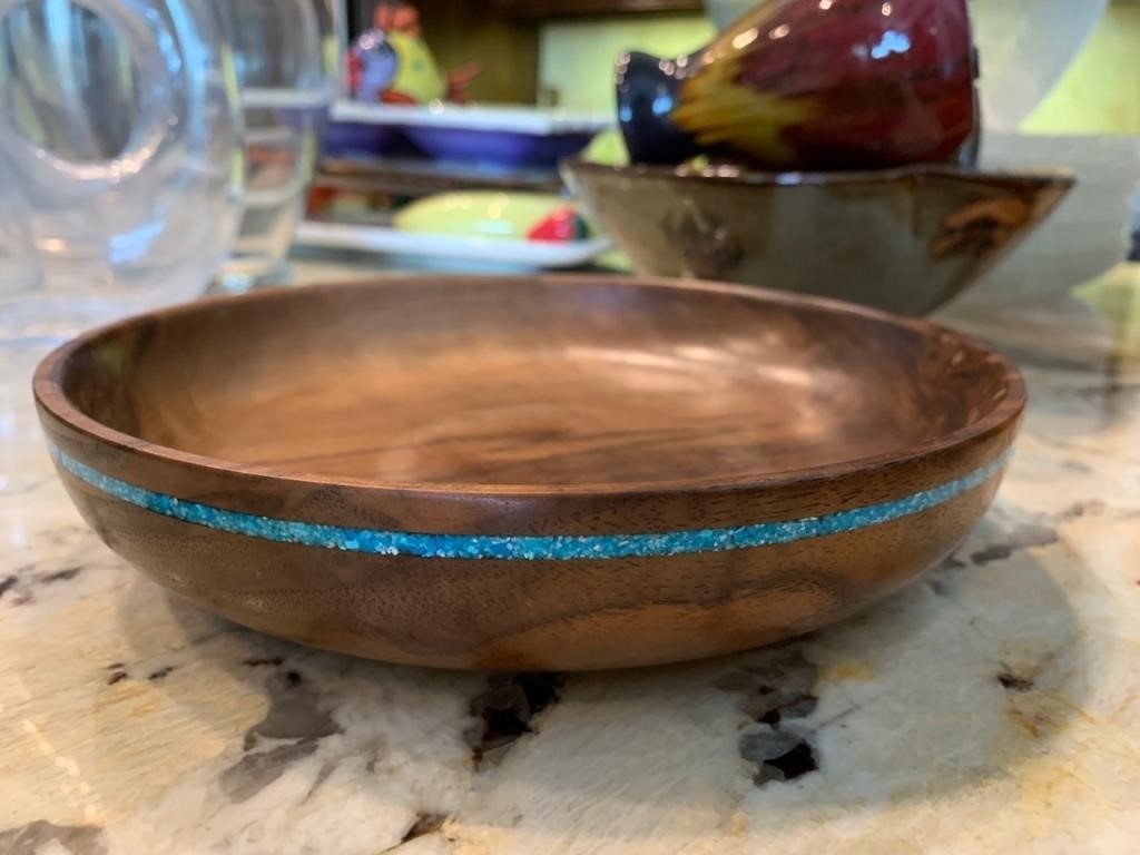 Handmade Wood Bowl w/ Turqouise Ring