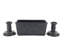 Black Glass Planter & Lamp Base Pair w Figures