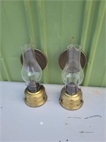 2 VTG POLISHED BRASS WALL OIL LAMPS