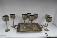 Silver Tone Tray & 8 Goblets