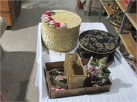 2 hat boxes, flat of small decorative items