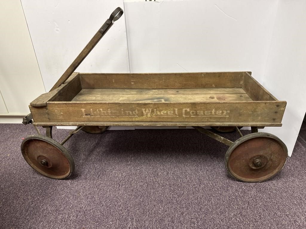 Vintage Wooden Lightning Wheel Coaster wagon, 38"L
