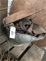 COAL BUCKET W/ HORSE SHOES, CAST IRON SKILLET