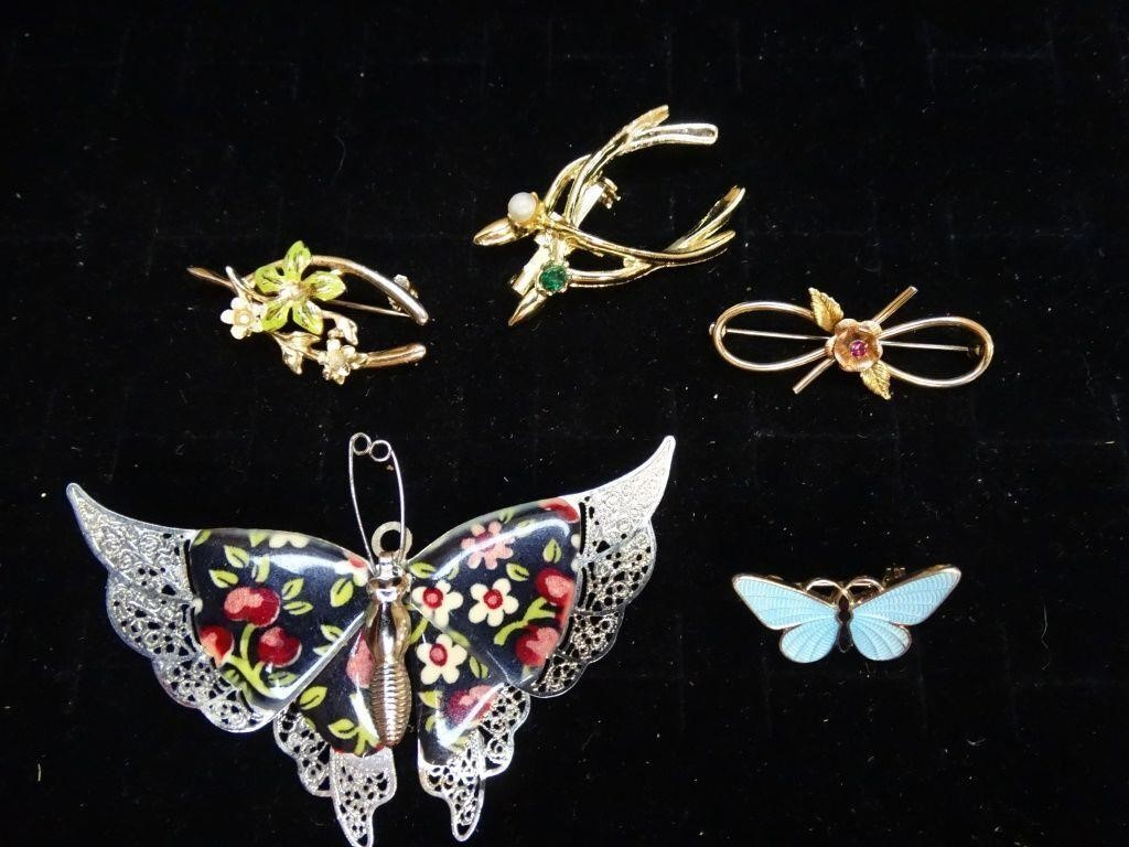 Vtg Wishbone, Butterfly, Gold Tone Bow Brooches
