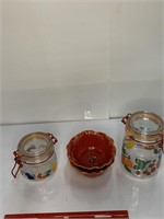 Pr of Pier One red bowls & (2) Jar Storage