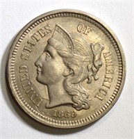 1869 THREE CENT NICKEL, AU/BU