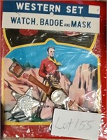 VINTAGE CHILDS WESTERN SET BADGE WATCH MASK