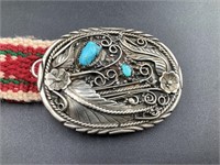 NAVAJO SILVER AND TURQUOISE BELT AND BUCKLE 27”