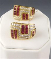 Lot # 4050 - Diamond & ruby 14k gold earrings: