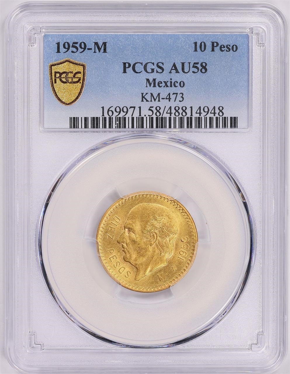 Mexico 1959 Gold 10 Pesos PCGS AU-58