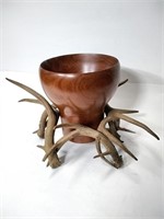 Hand Turned Wood Bowl with Natural Antlers Signed