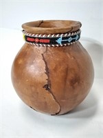 Neck Beaded Leathered Coated Ceramic Vase Signed