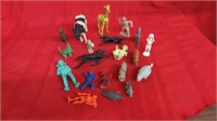 BOX FULL OF PLASTIC ANIMALS- DINOSAURS- PEOPLE