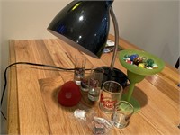 Lamp, shot glasses, Busch pins, marbles