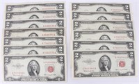 2 DOLLAR BILL RED NOTES VF TO AU - LOT OF 13