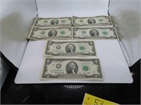 (6) 1976 greenseal $2 Bills Currency