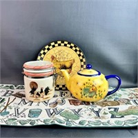 Rooster & Chicken Tea Pot, Plate, & Canister w/