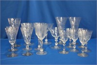 Etched glasses, various patterns, 7.75 down to