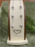 .925 Sterling Silver Heart Necklace w/ Gray Beads