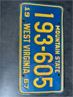 1967 WEST VIRGINIA LICENSE PLATE #193605