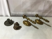 Brass look sconces, oil light; tin candle holder