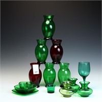 Vintage Anchor glass red and green vases and other