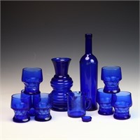 Vintage seven cobalt blue honeycomb juice glasses,